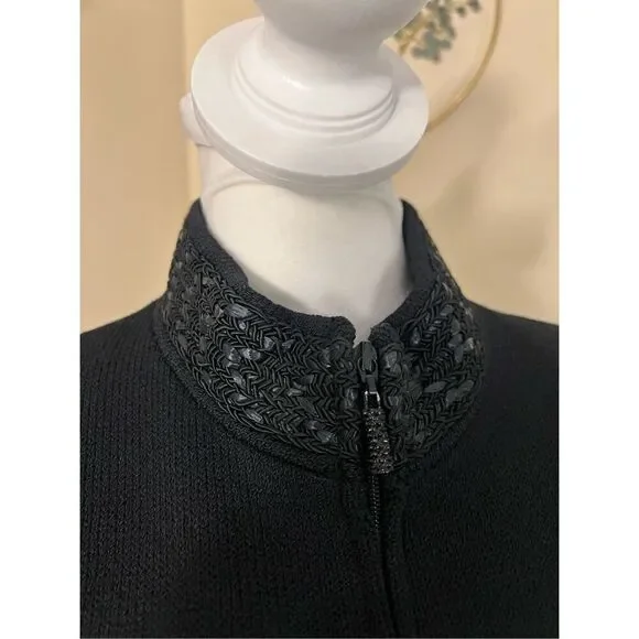 Vintage St John Black Santana Knit Zip Front High Braid Collar Blazer Women's 12
